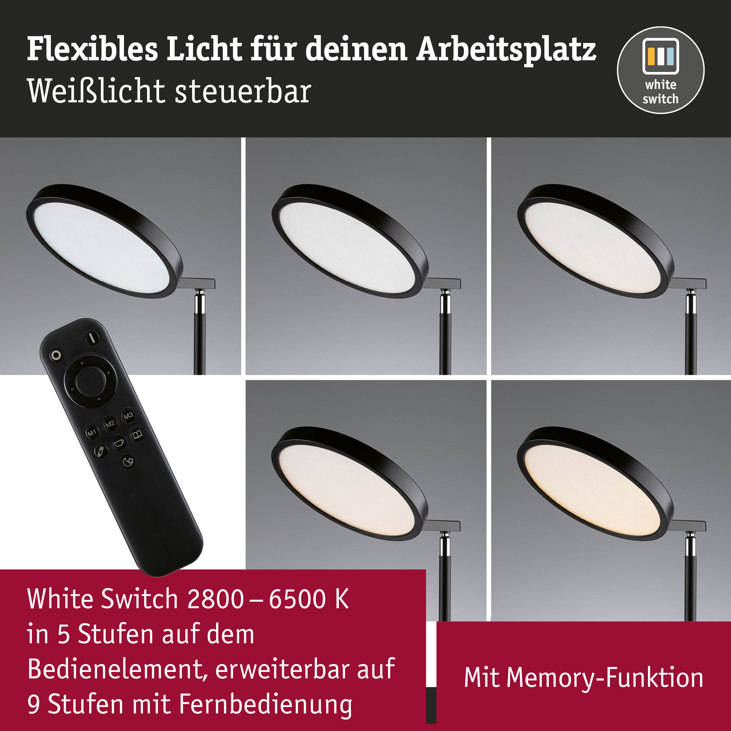 Schwarze LED-Schreibtischlampe mit dimmbarem Weißlicht und Fernbedienung für flexibles Arbeitslicht