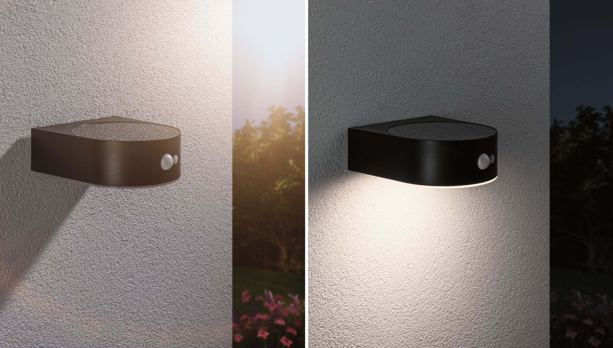 Black aluminum wall light with motion sensor, shown in day and night use, modern outdoor lighting fixture