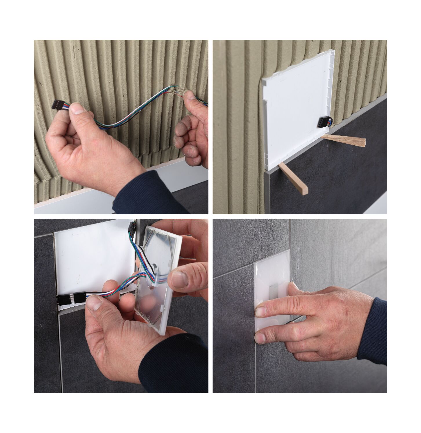 Montage einer weißen Kunststoff-Abdeckplatte mit Kabelanschluss in grauer Wandfliese für LED-Beleuchtung.