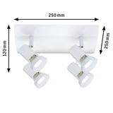 Weißer Deckenstrahler aus Metall mit vier verstellbaren Lampenschirmen und Maßen 250x250x120 mm
