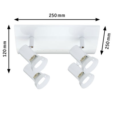Spot de plafond blanc en métal avec quatre abat-jours réglables, dimensions 250x250x120 mm