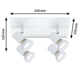 Weißer Deckenstrahler aus Metall mit vier verstellbaren Lampenschirmen und Maßen 250x250x120 mm