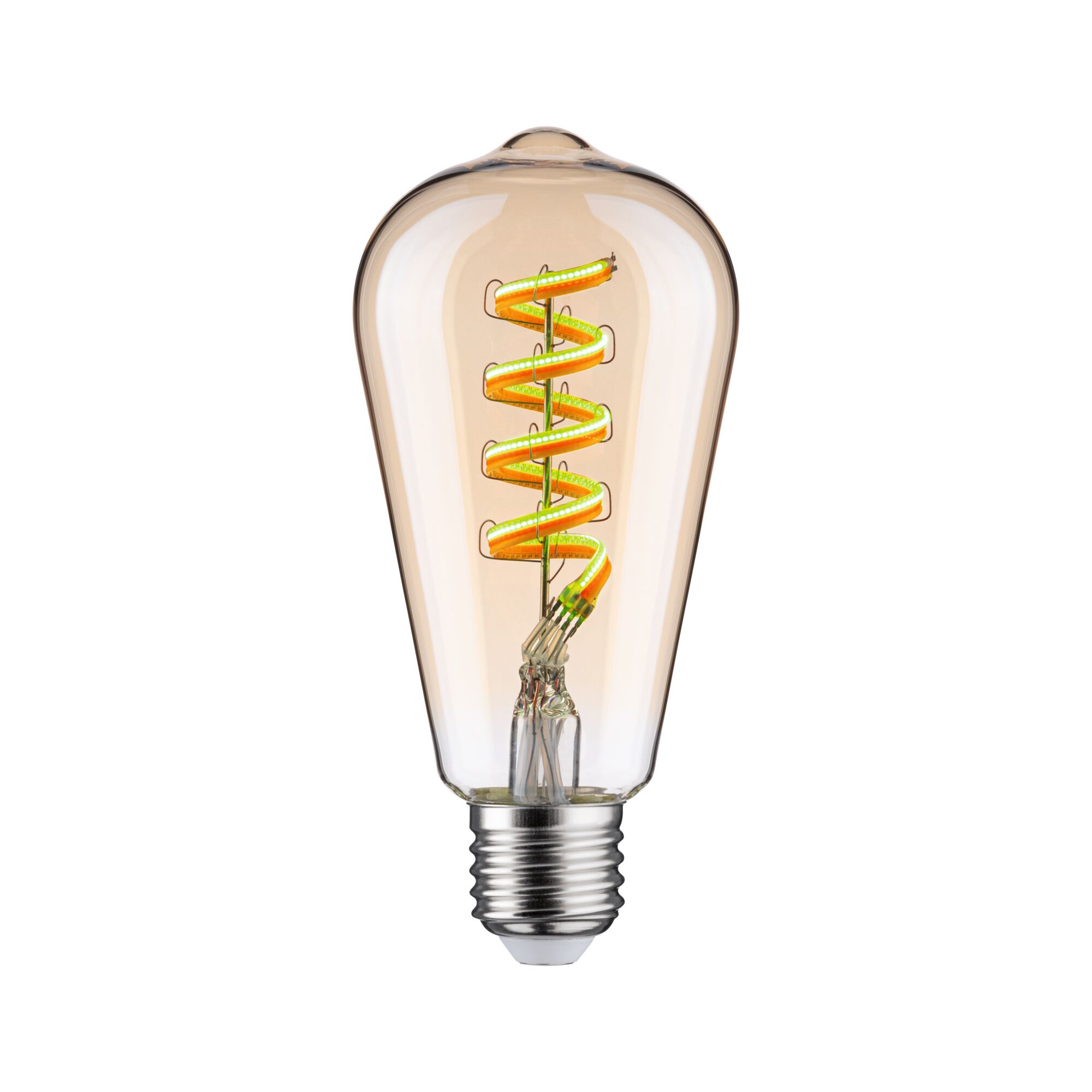 Amber LED filament bulb with spiral design and E27 base for decorative lighting and vintage style