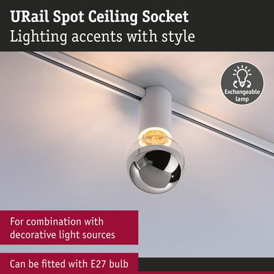 White URail spot ceiling socket with exchangeable lamp and E27 bulb fitting for decorative lighting accents