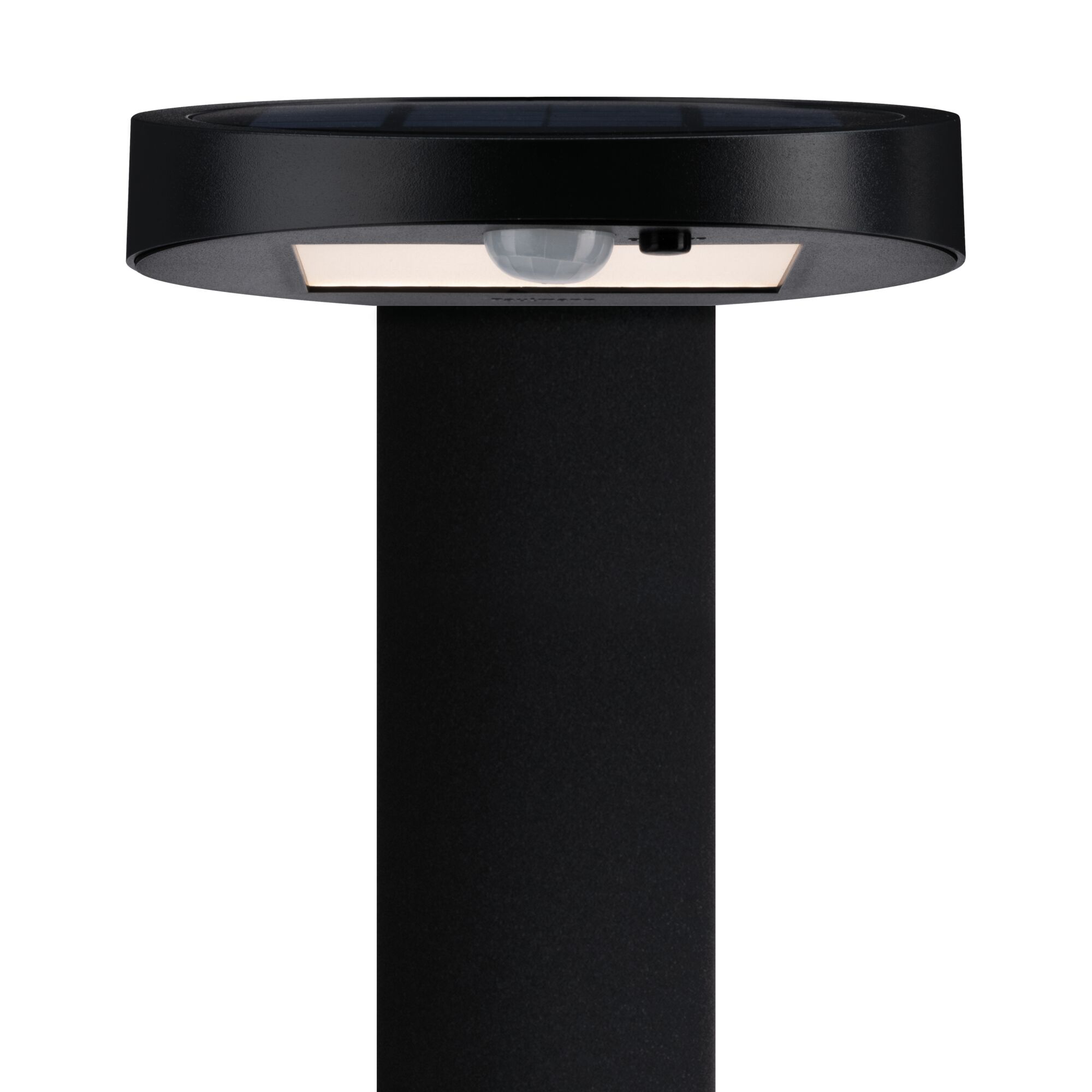 Black solar light with motion sensor and round metal head for outdoor use