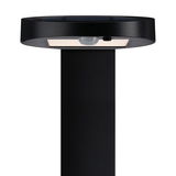 Black solar light with motion sensor and round metal head for outdoor use