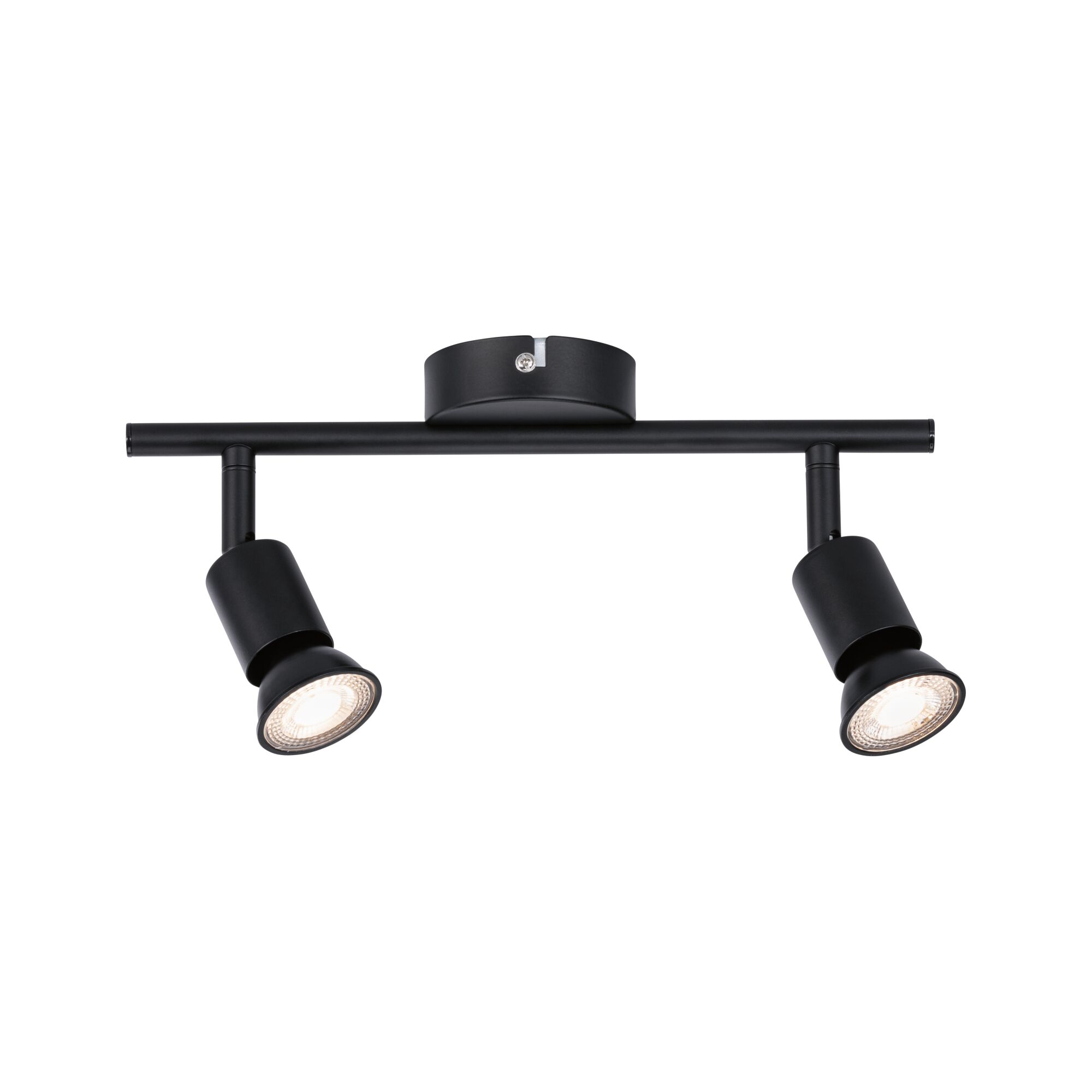 Sort metal LED-loftlampe med to justerbare spots til moderne rumbelysning