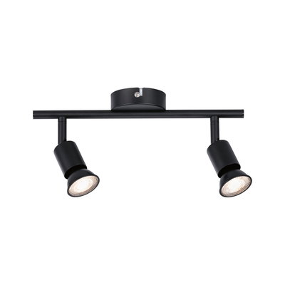 Black metal LED ceiling light with two adjustable spotlights for modern room lighting