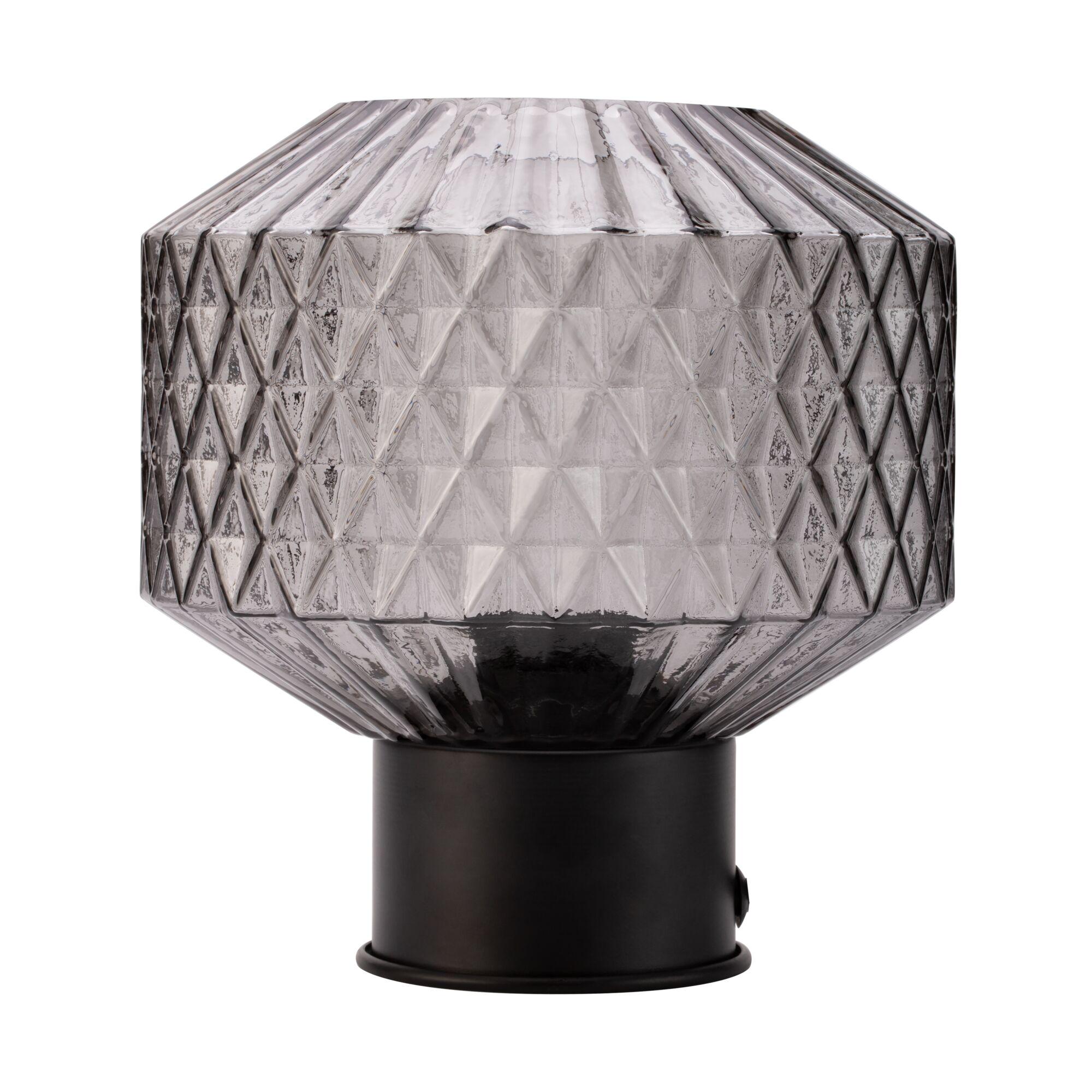 Modern table lamp with smoky faceted glass and black metal base for stylish lighting decor