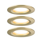 Set of three gold metal LED recessed spotlights with warm white light for modern home lighting