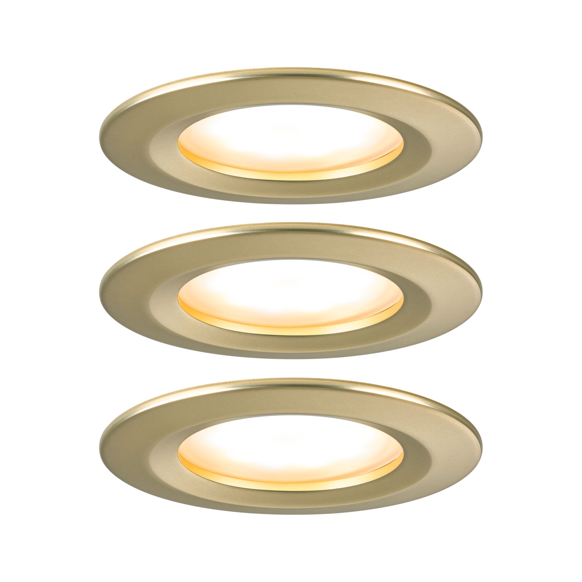Drei goldfarbene LED-Einbaustrahler aus Metall mit warmweißem Licht für moderne Raumbeleuchtung