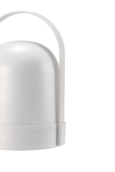 Modern white LED table lamp with rounded design and practical plastic handle for versatile lighting
