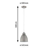 Pendant lamp in brushed silver metal with 180 cm cable and 145 mm lampshade diameter
