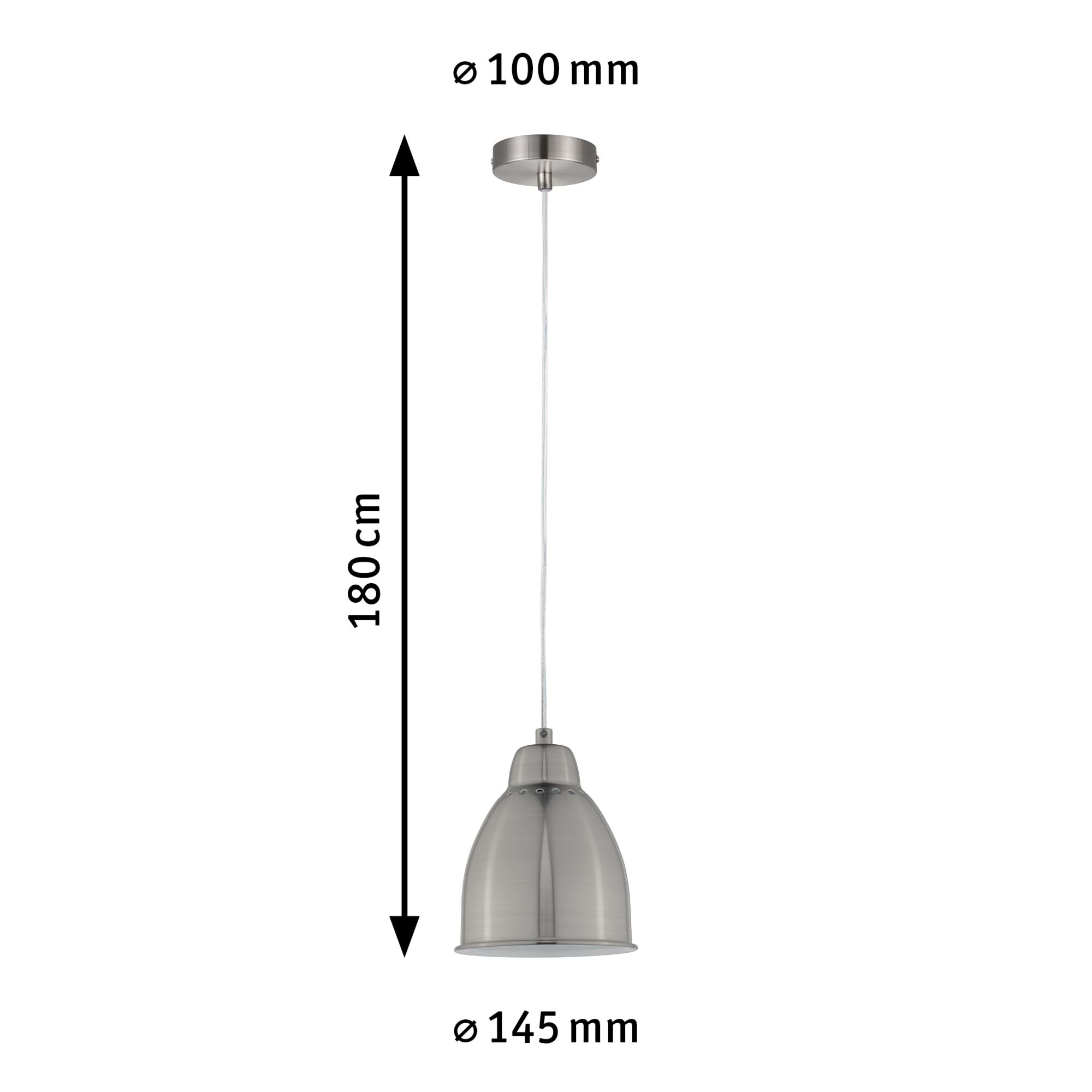 Silver brushed metal pendant lamp with 180 cm cable and 145 mm lampshade diameter for interior lighting