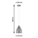 Silver brushed metal pendant lamp with 180 cm cable and 145 mm lampshade diameter for interior lighting
