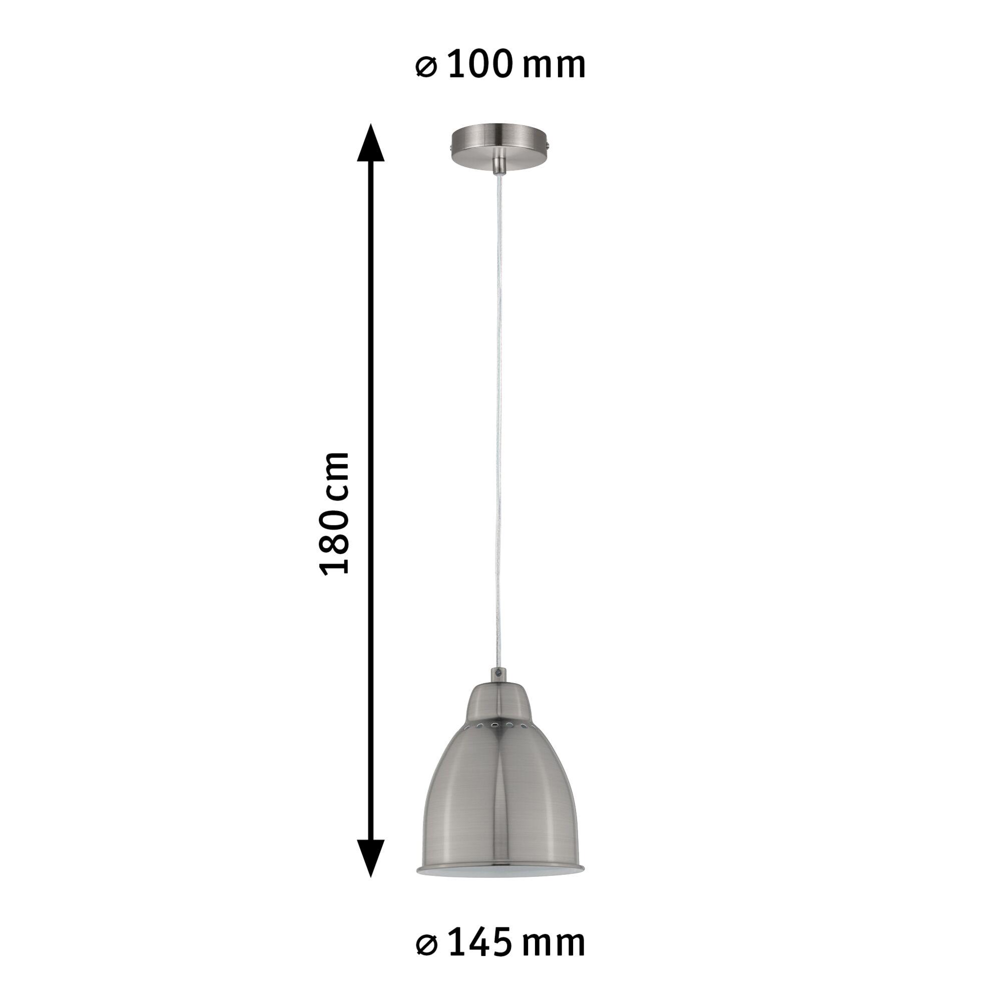 Silver brushed metal pendant lamp with 180 cm cable and 145 mm lampshade diameter for interior lighting
