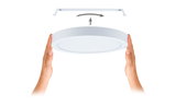 White round LED ceiling light made of plastic with easy installation guide and hand mounting