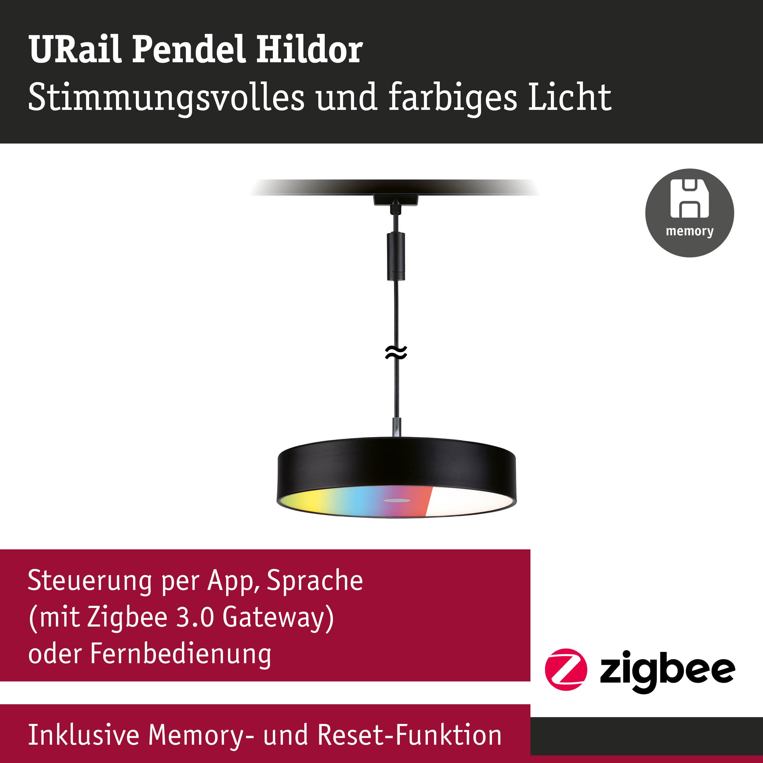 URail Pendel Hildor schwarze Pendelleuchte mit farbigem Licht und Zigbee Steuerung per App und Sprache