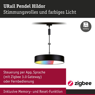 URail Pendel Hildor schwarze Pendelleuchte mit farbigem Licht und Zigbee Steuerung per App und Sprache