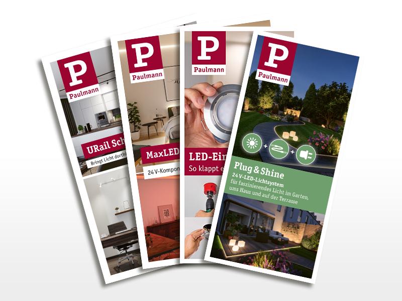 Four Paulmann brochures showcasing LED lighting systems for home, garden, and terrace in varied designs.