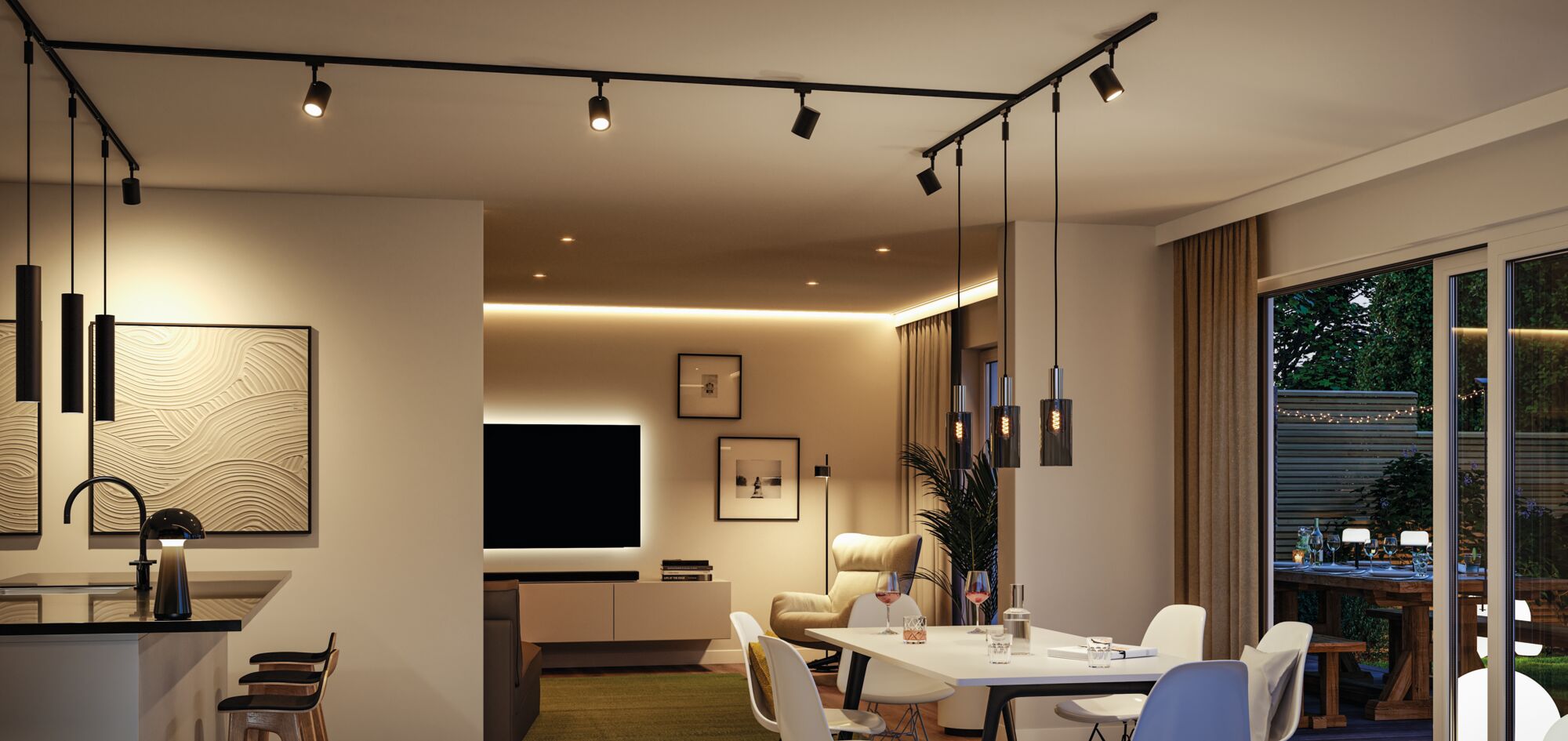 Modern living room with black LED track lighting and pendant lamps over dining table in warm light