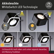 Schwarze Akkuleuchte mit WhiteSwitch LED Technologie und dimmbarer Lichtfarbe von 2700K bis 6500K
