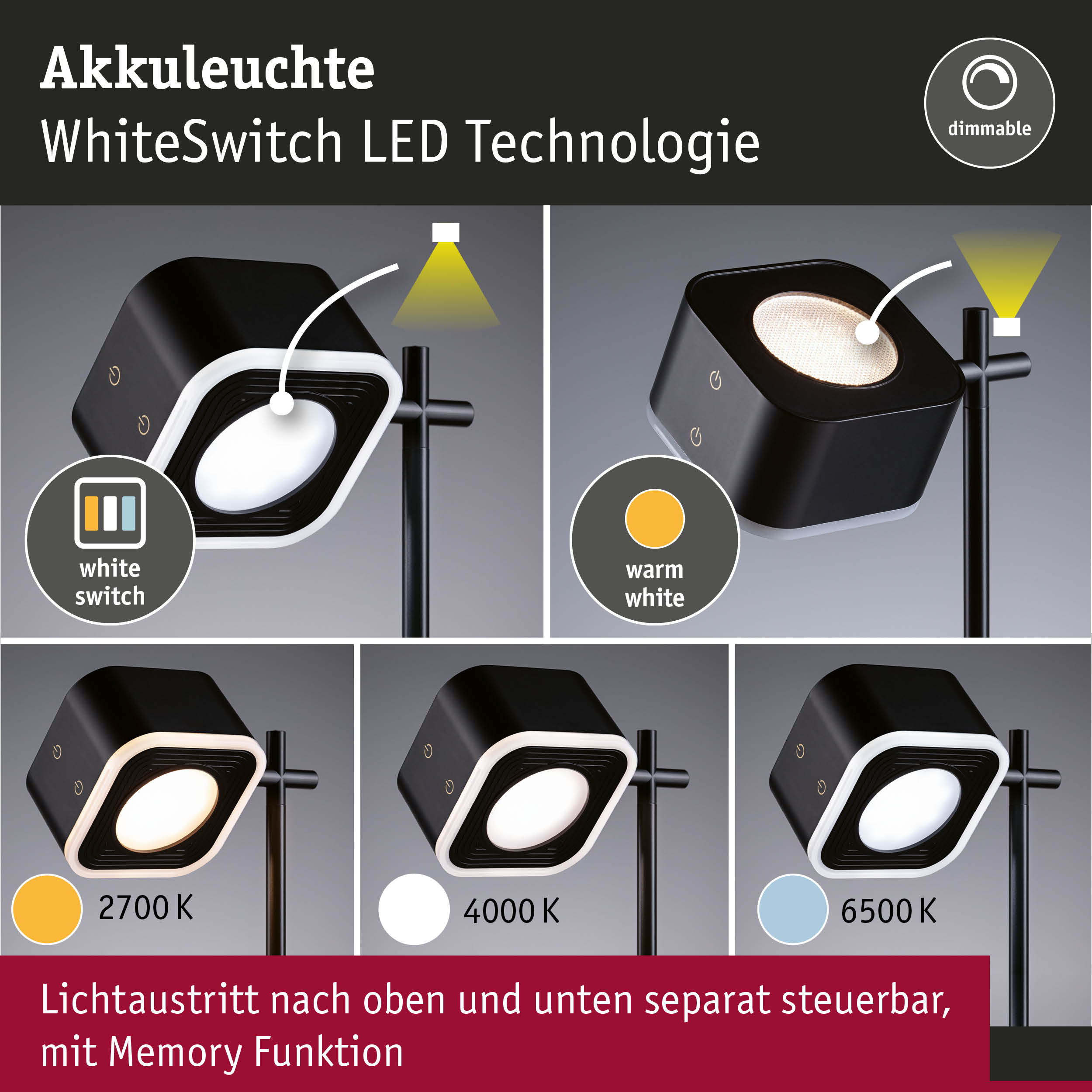 Schwarze Akkuleuchte mit WhiteSwitch LED Technologie und dimmbarer Lichtfarbe von 2700K bis 6500K