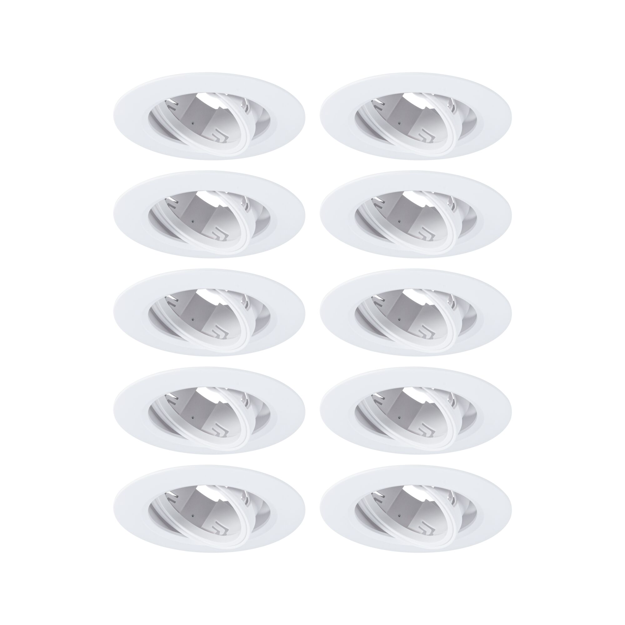 Ten white plastic recessed spotlights with adjustable inserts for flexible LED lighting solutions