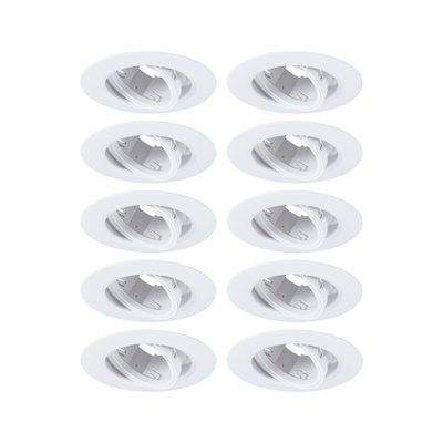 Ten white plastic recessed spotlights with adjustable inserts for flexible LED lighting solutions