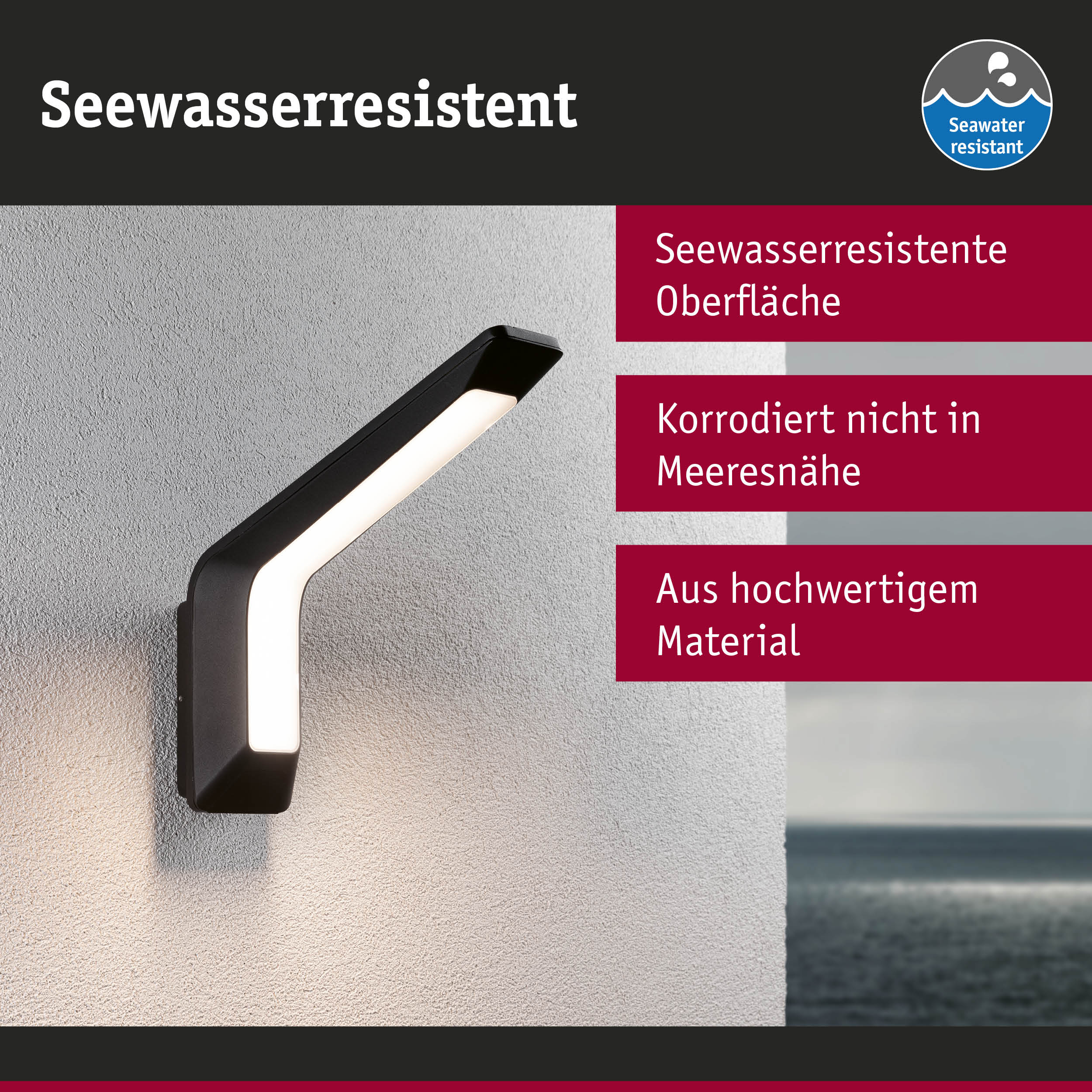 Schwarze LED-Wandleuchte mit seewasserresistenter Oberfläche für Außenbereiche am Meer