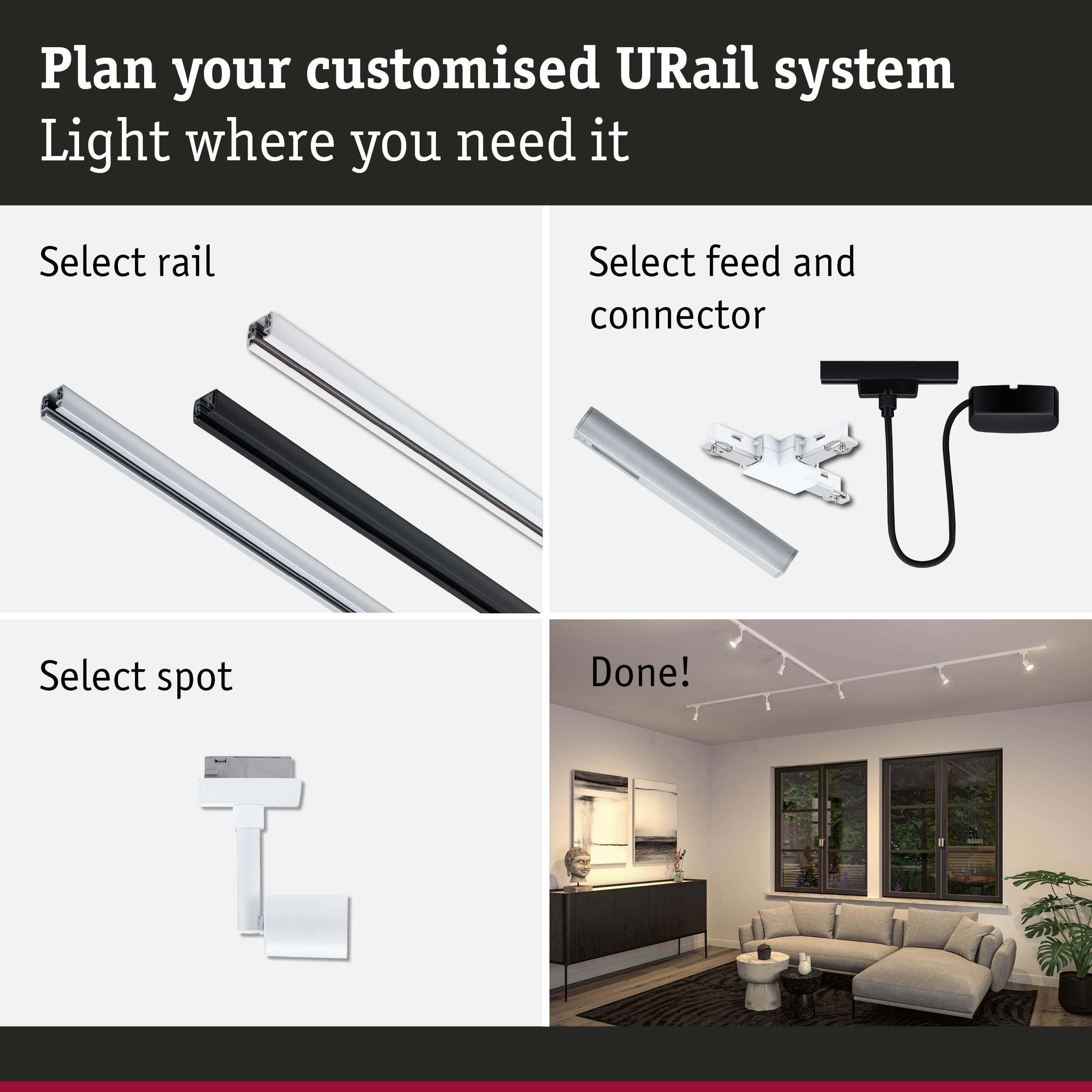 Modular URail aluminium rail system in black and white for customizable LED lighting solutions.