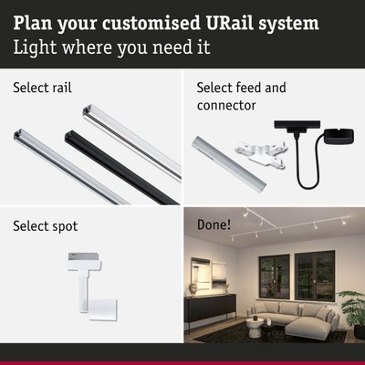 Modular URail aluminium rail system in black and white for customizable LED lighting solutions.
