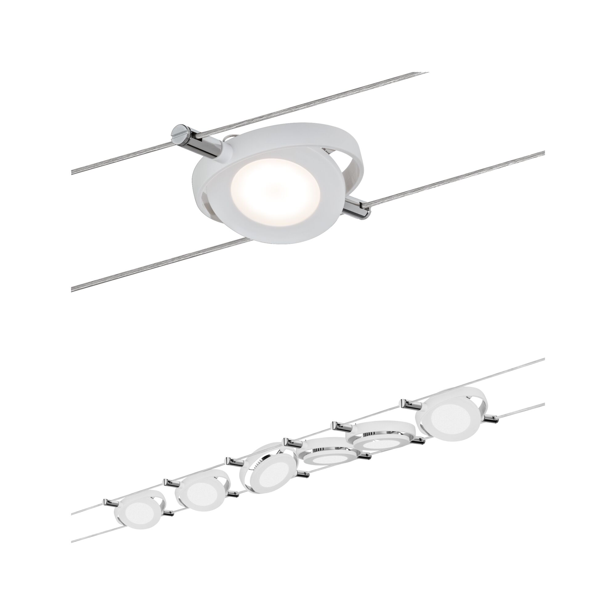 System kablowy LED RoundMac Zestaw podstawowy 6x200lm 6x4,3W 2700K 230/12V Biały mat White LED cable spotlights with round lights and chrome mounts for modern room lighting