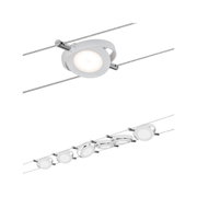 White LED cable spotlights with round lights and chrome mounts for modern room lighting