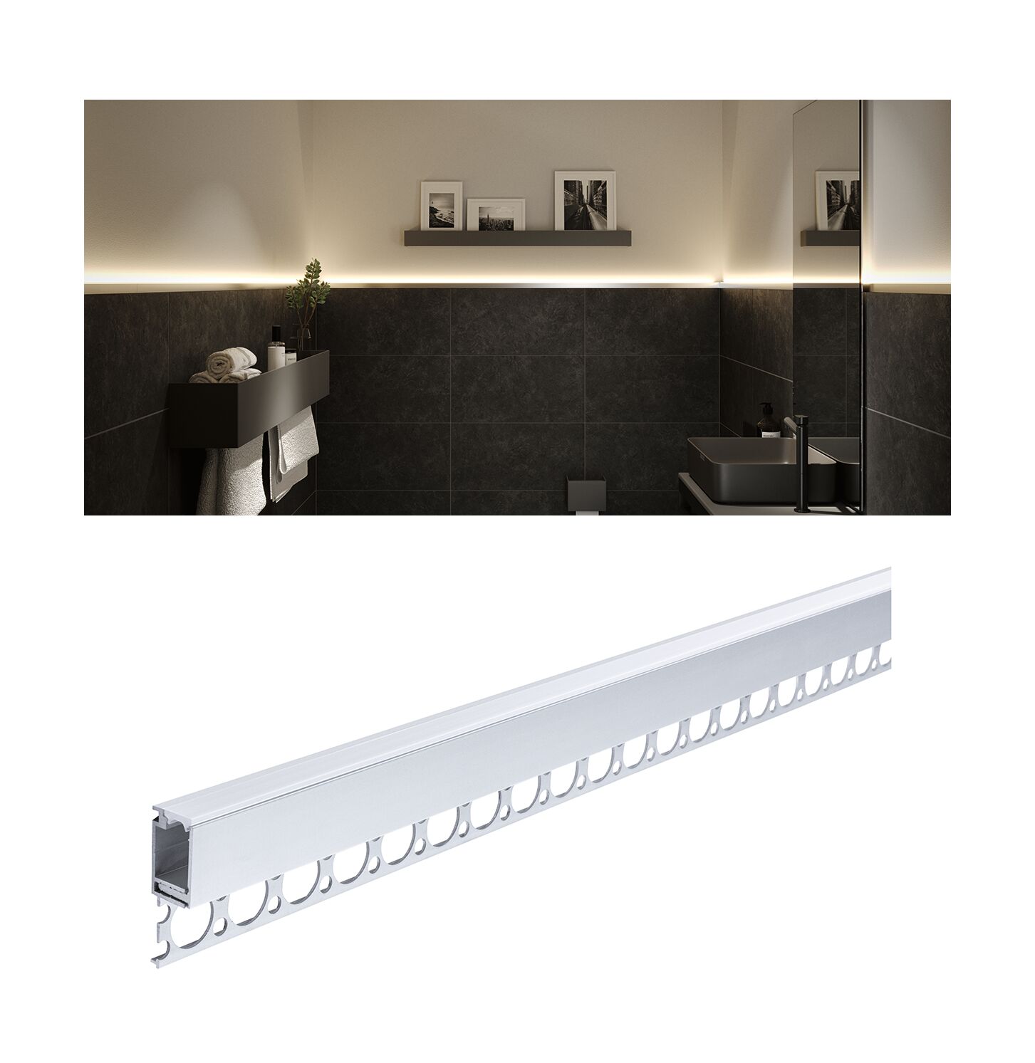 LumiTiles LED Strip recessed profile Top 2m Anodised aluminium/Satin White aluminium LED profile for indirect lighting in modern bathroom with black tiled walls