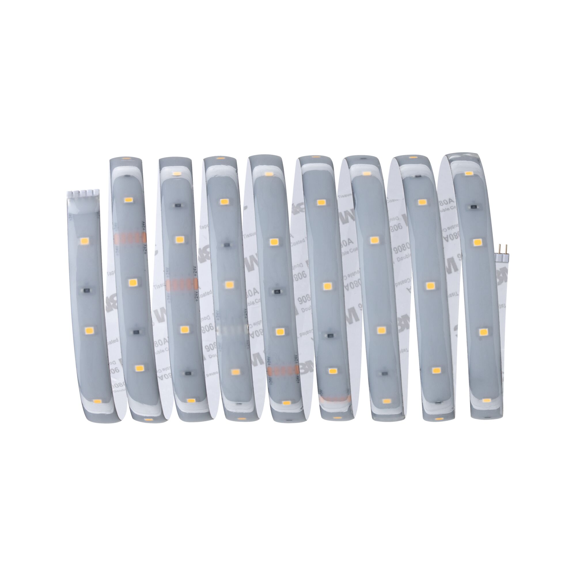 Flexible LED strip light with warm white LEDs and adhesive backing for versatile lighting solutions.