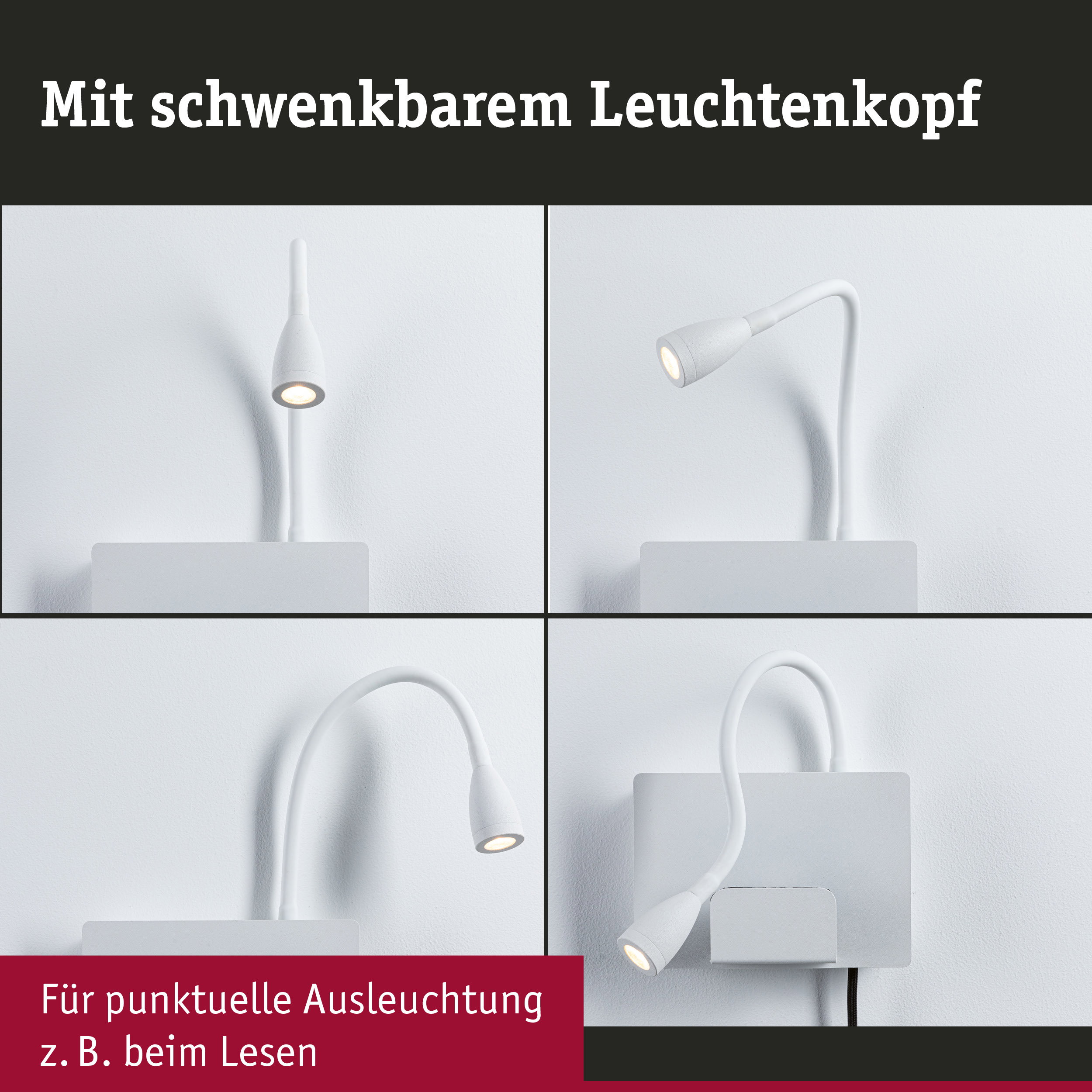 Weißer flexibler LED-Lesestrahler mit schwenkbarem Leuchtenkopf für gezielte Beleuchtung