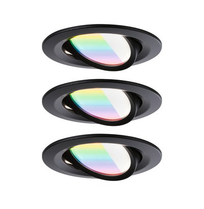 Drei schwarze Einbaustrahler mit schwenkbarem, regenbogenfarben beschichtetem Glas für moderne LED-Beleuchtung