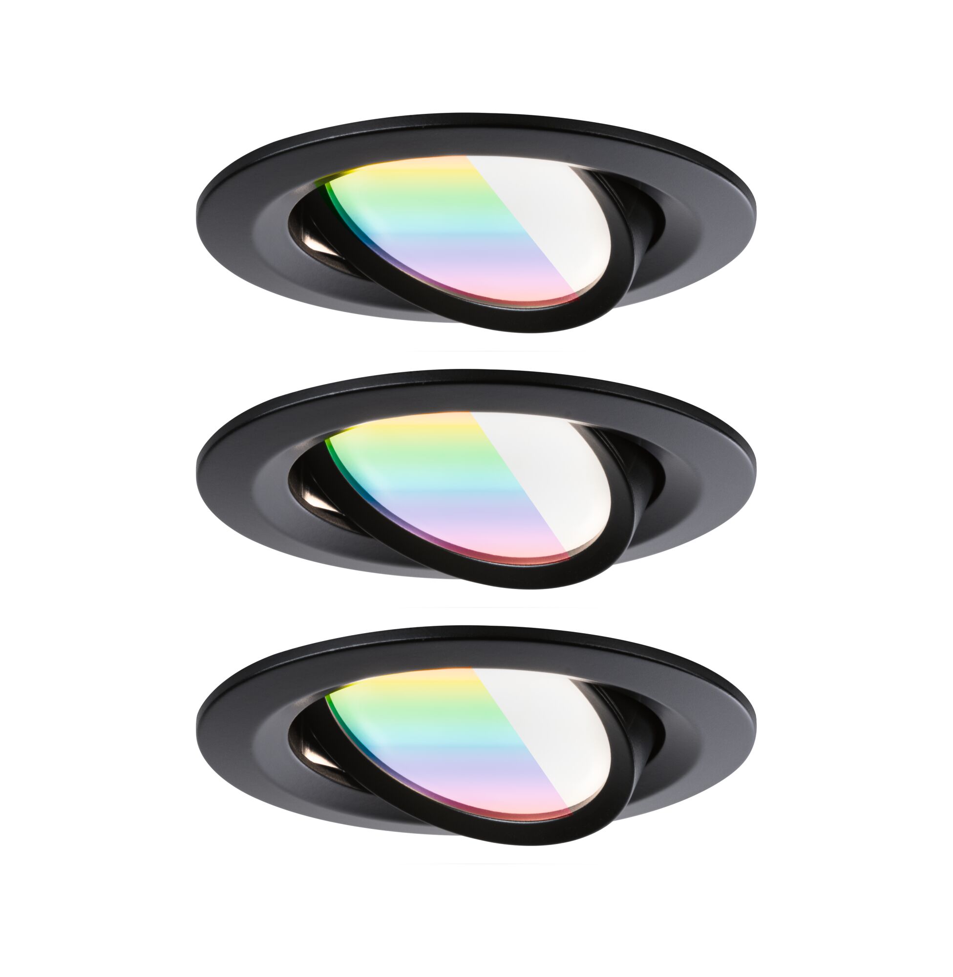 Three black recessed spotlights with adjustable rainbow-coated glass for modern LED lighting solutions