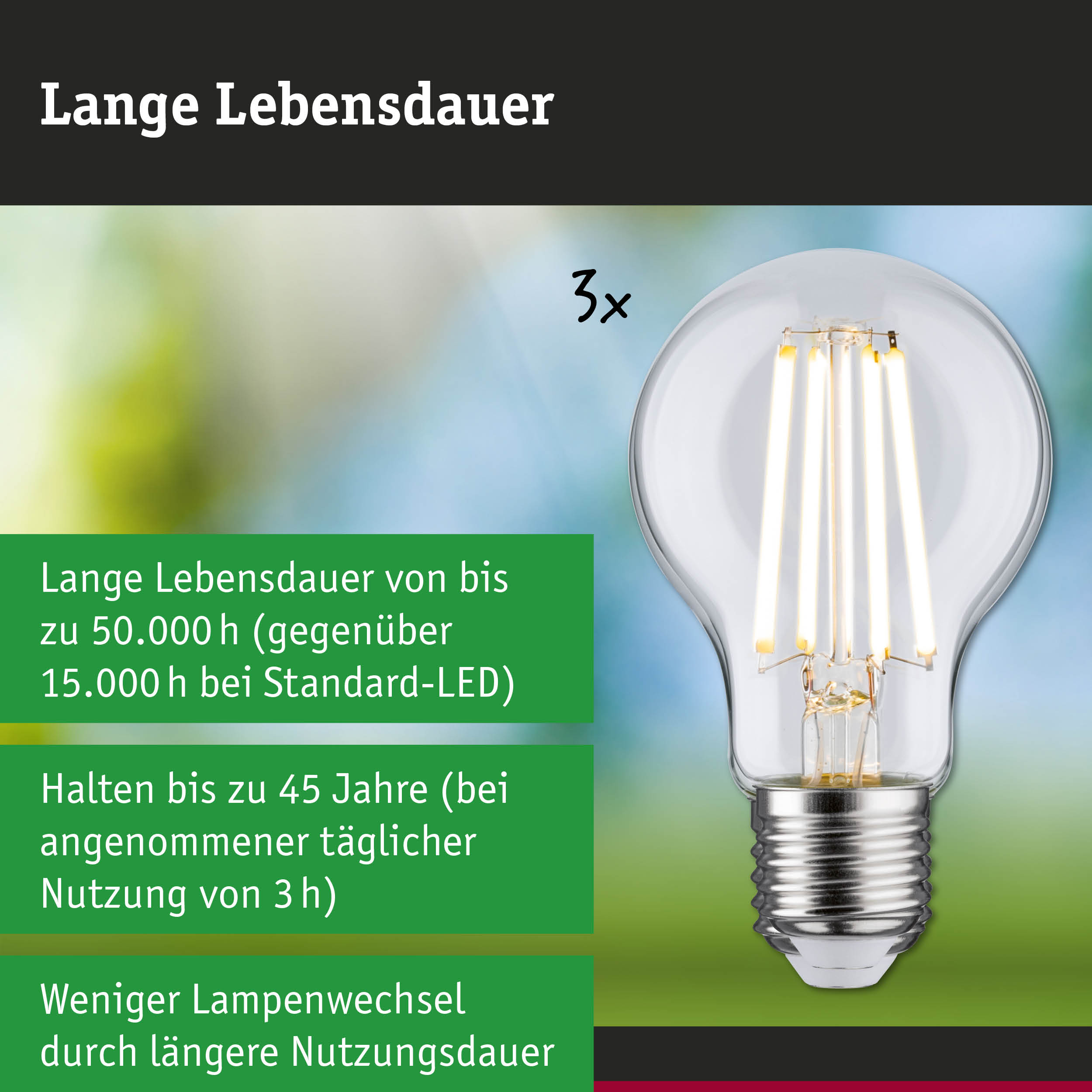 Efficient-Line Filament 230V LED Birne E27 3er-Set 3x840lm 3x4W 3000K Klar