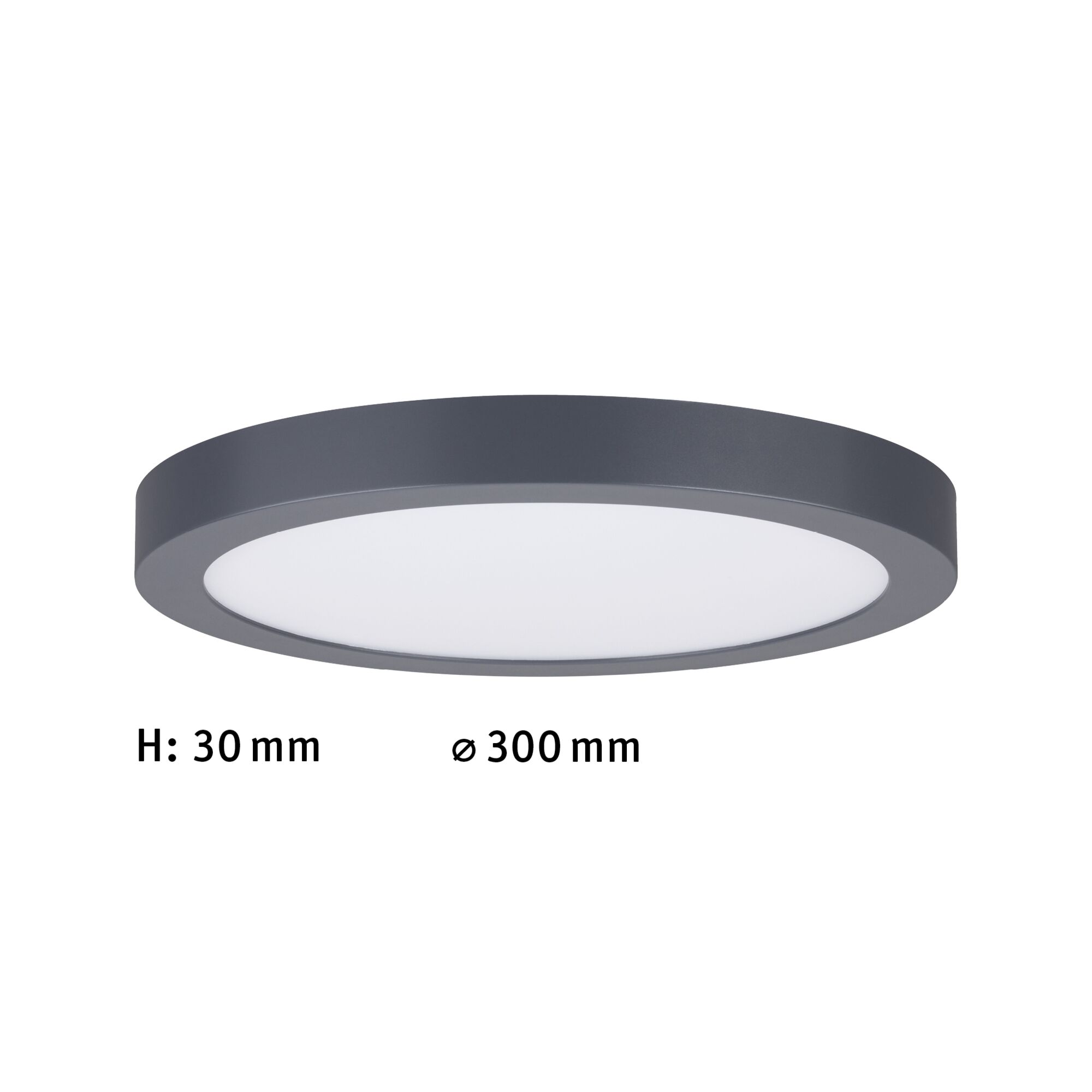 Rundes LED-Deckenlicht mit schwarzem Metallrahmen und weißem Diffusor, 30 mm hoch, 300 mm Durchmesser