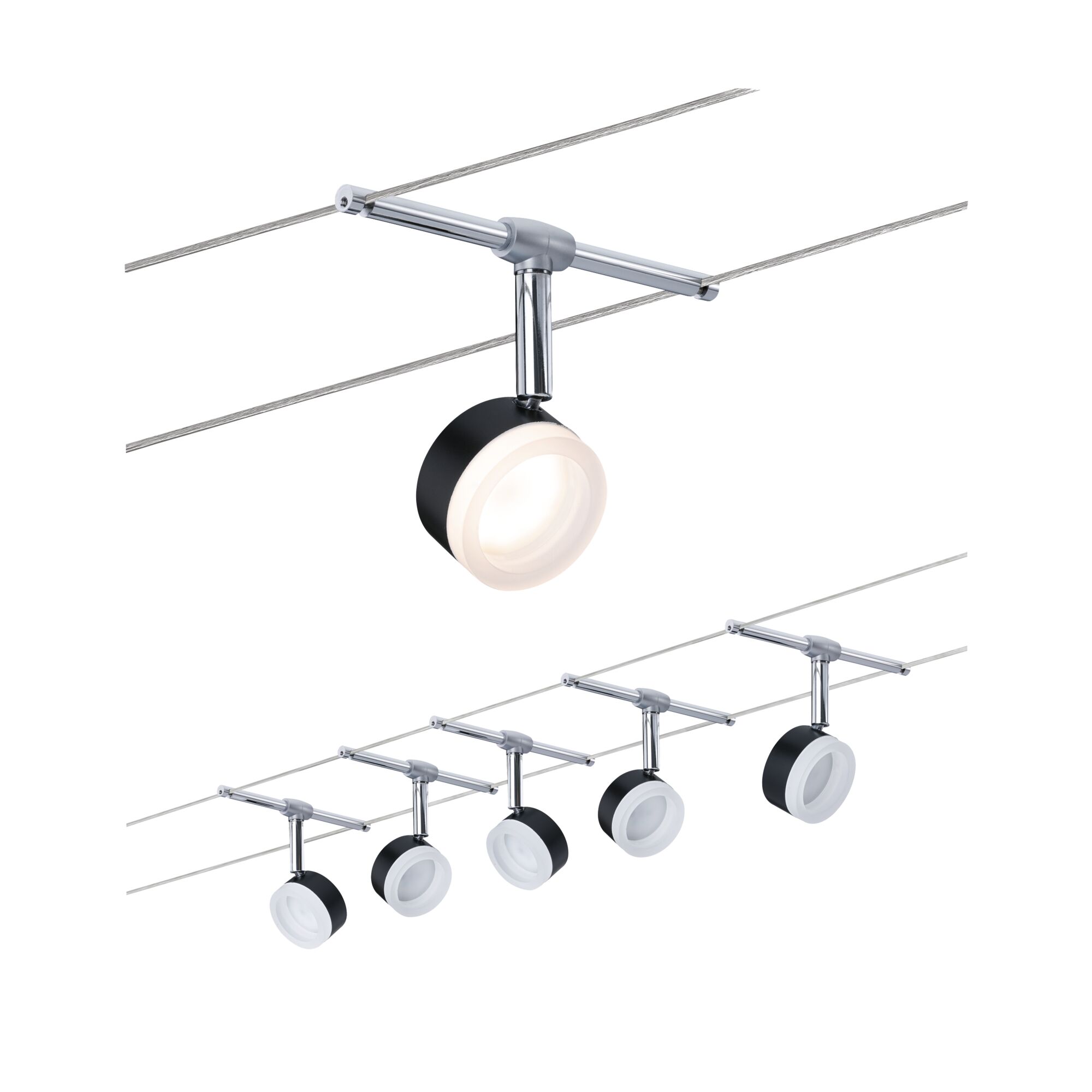 Moderne Seilspot-Leuchte mit schwarzem Gehäuse und weißem Lichtdiffusor für flexible Raumbeleuchtung