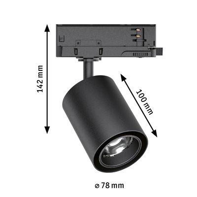 Schwarzer LED-Spot aus Metall mit 78 mm Durchmesser und 142 mm Höhe für moderne Innenbeleuchtung
