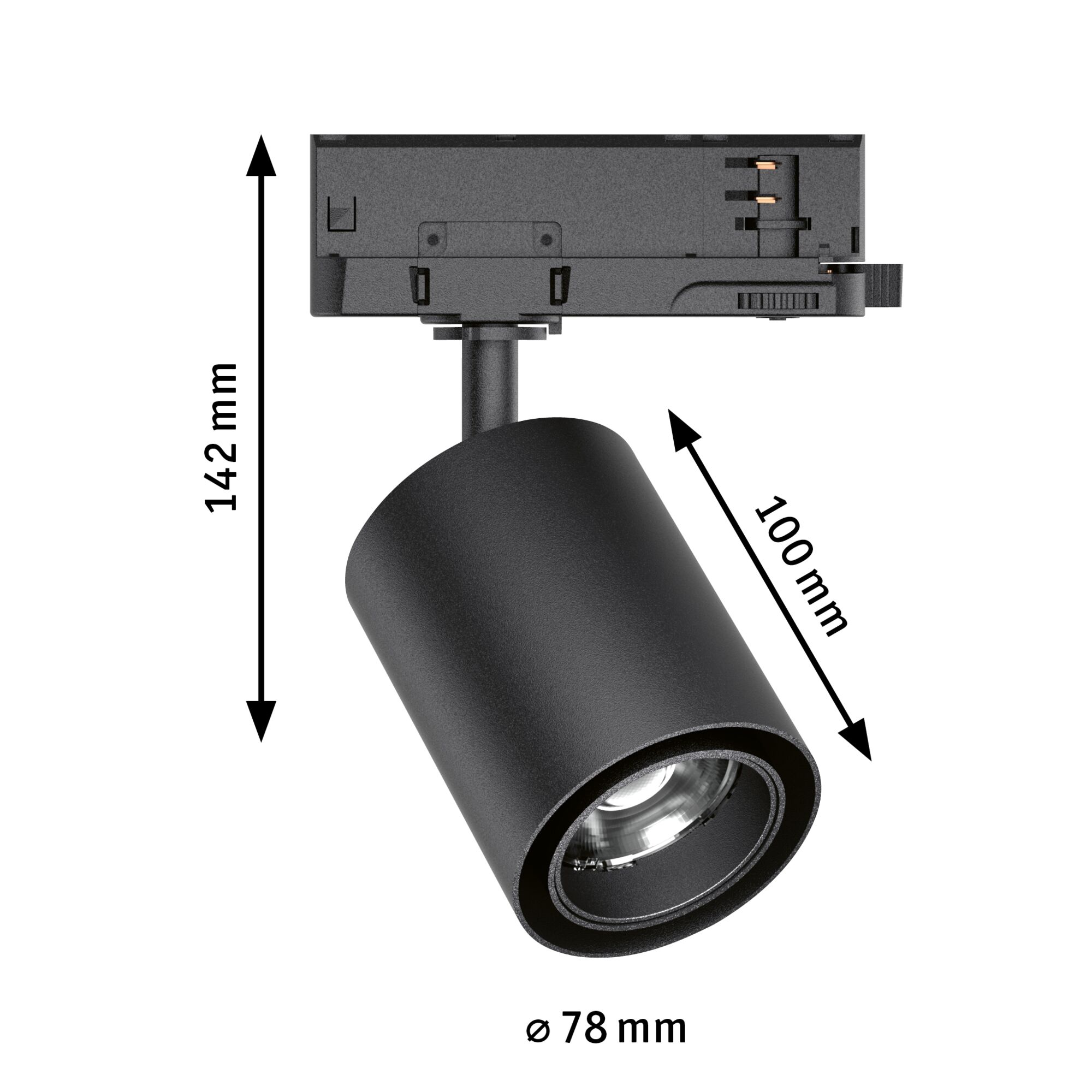 Black metal LED spotlight with 78 mm diameter and 142 mm height for modern indoor lighting