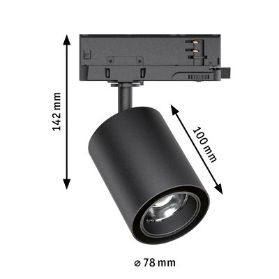 Black metal LED spotlight with 78 mm diameter and 142 mm height for modern indoor lighting