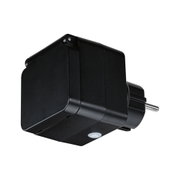 Black plastic plug adapter with round metal pin for electrical devices and sockets.