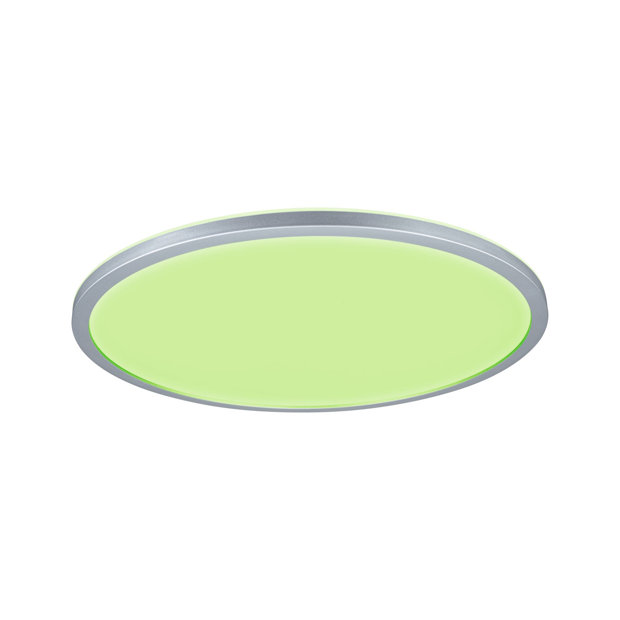 Round LED ceiling light with silver aluminum frame and green light for modern interiors