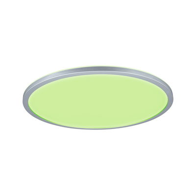 Round LED ceiling light with silver aluminum frame and green light for modern interiors
