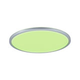 Round LED ceiling light with silver aluminum frame and green light for modern interiors