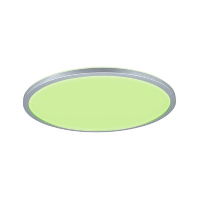 Round LED ceiling light with silver aluminum frame and green light for modern interiors